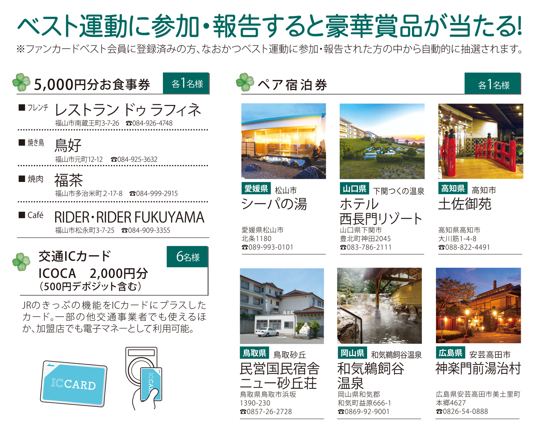 ベスト運動に参加・報告すると豪華賞品が当たる！※ファンカードベスト会員に登録済みの方、なおかつベスト運動に参加・報告された方の中から自動的に抽選されます。